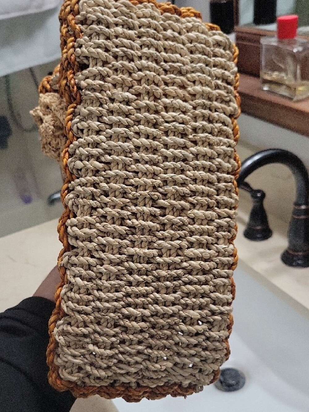 Handmade Woven Straw Tote Bag with Wooden Handles - Mustard Yellow - Picture 5 of 5